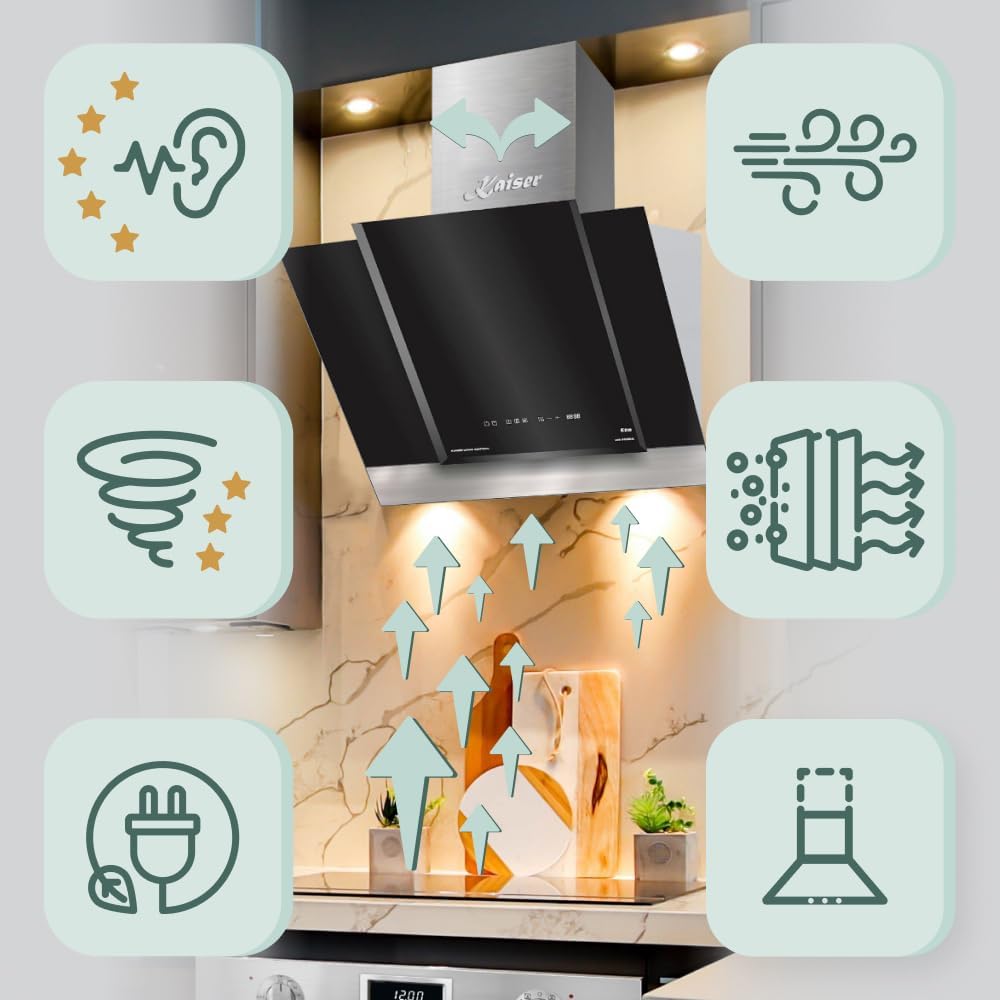 Kaiser AT 6438 ECO kopffrei Dunstabzugshaube 60 cm Exklusive Schwarz Glas Edelstahl Wandhaube 910m³/h | TouchControl Steuerung mit LED Display | Randabsaugung | Timer | Abzugshaube Abluft/Umluft