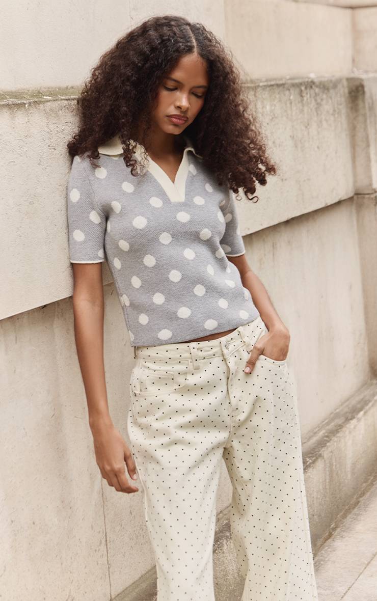 Gris Haut Polo En Maille Jacquard À Pois