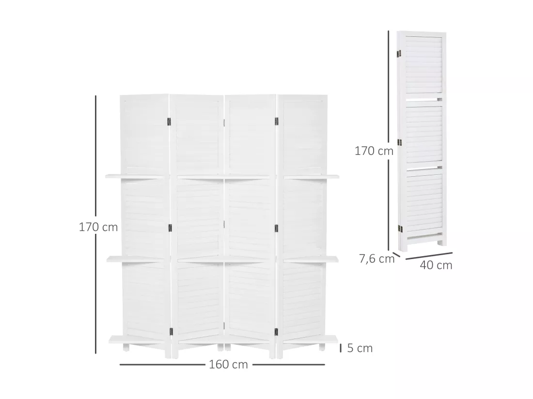 Paravent intérieur 4 panneaux 3 étagères pliables séparateur de pièce portes persiennes bois de paulownia blanc