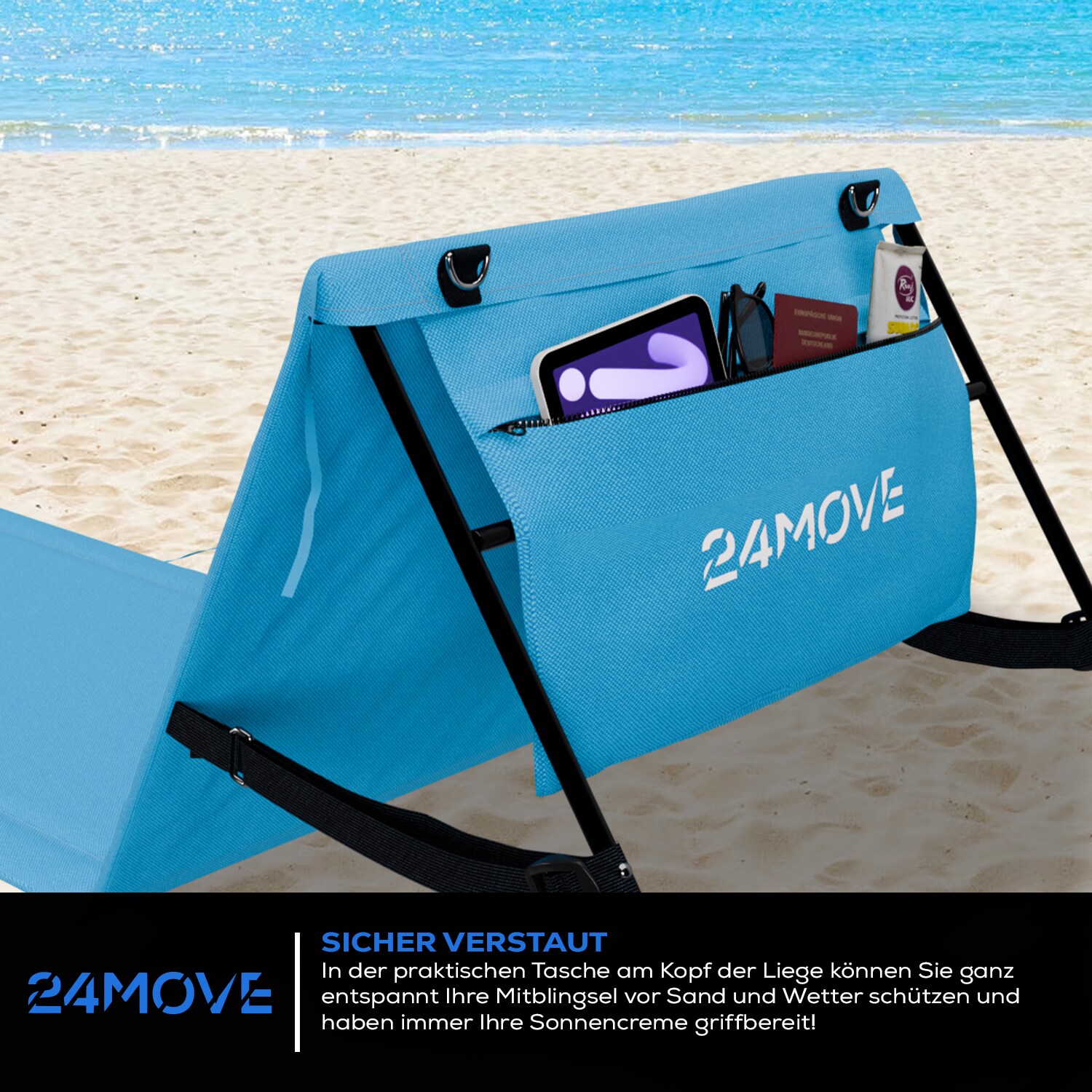 24MOVE® Strandmatte 1er Set klappbar mit Rückenlehne, Strandliege mit Gurt, tragbar für Strand und Garten, Liegematte blau