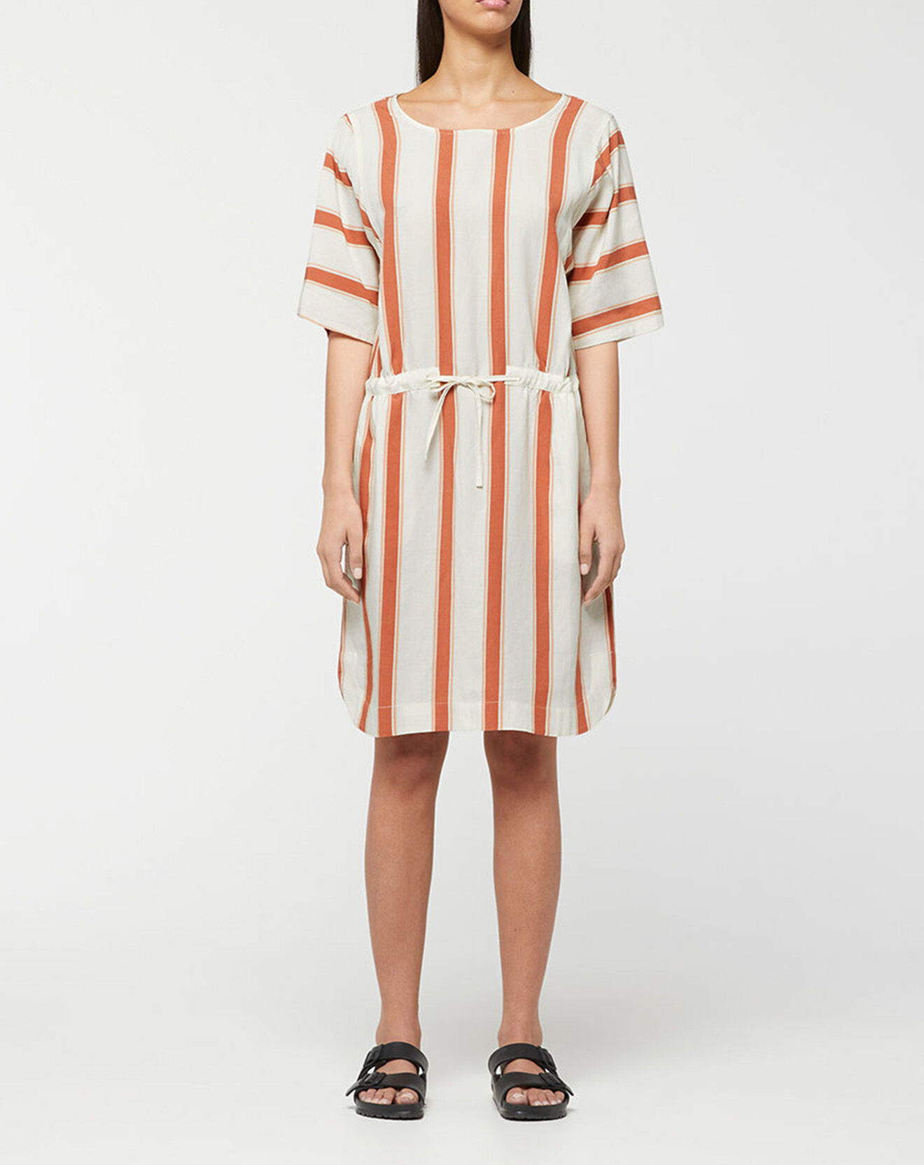 Jodhpur Robe mi-longue en Lin mélangé Anis rayée blanc/marron