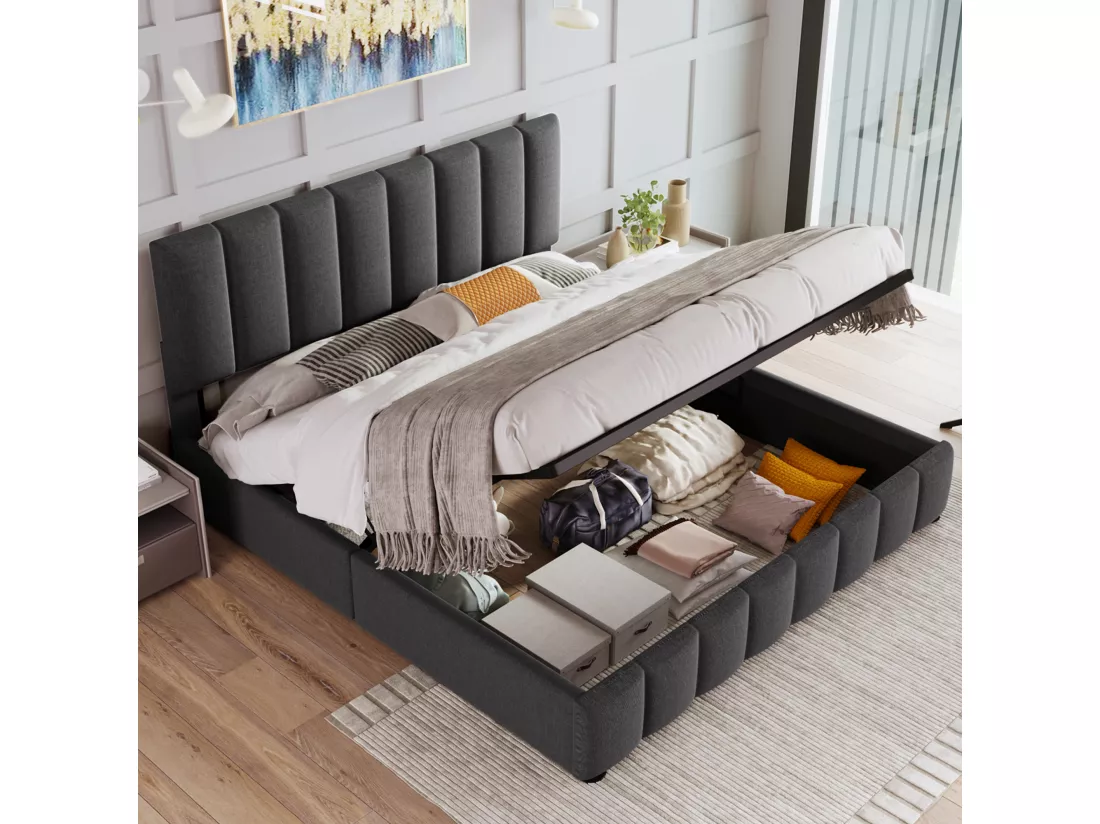 Lit double coffre 140x200cm tissu lin gris foncé, tête de lit réglable avec sommier à lattes rangement (sans matelas) IKKEK