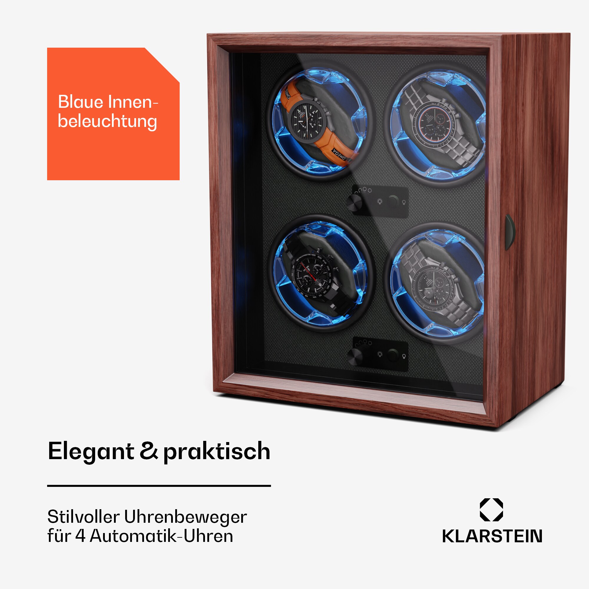 Brienz 4 Uhrenbeweger, 4 Uhren, 4 Modi, Holz-Optik, blaue Innenbeleuchtung Walnuss