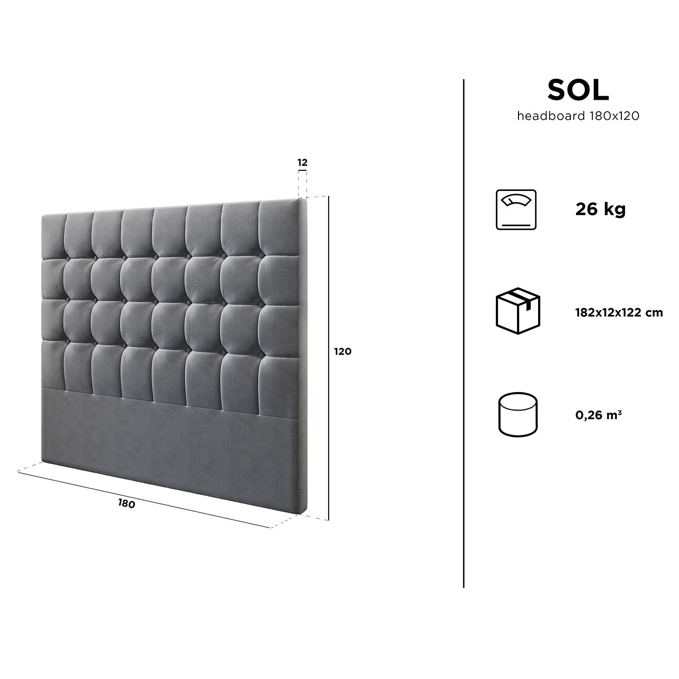 Kooko Home Tête de lit en Velours Sol grise - 180x120 cm