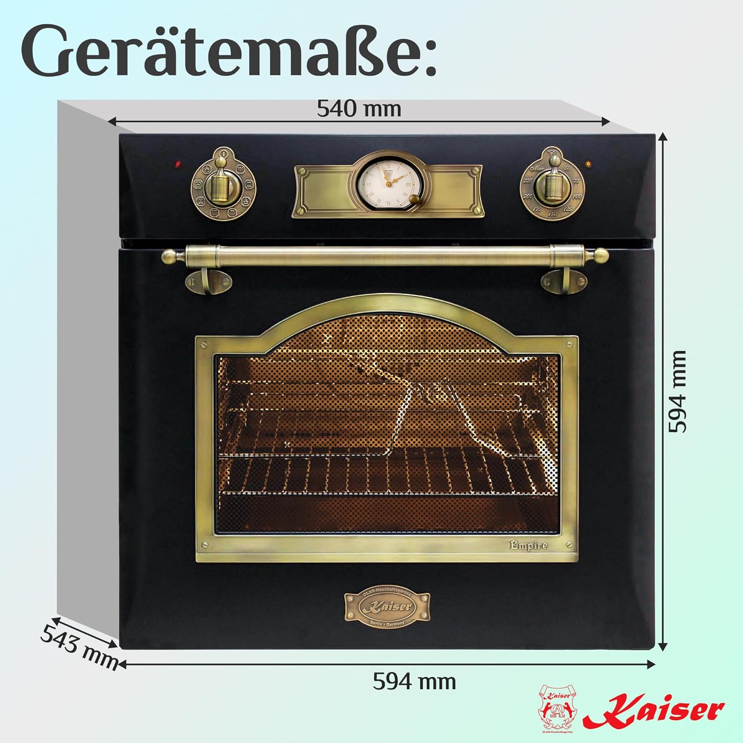 Kaiser Empire EH 6355 Schwarz Exklusiver Nostalgie Backofen 60 cm Autark • Selbstreinigender Elektrobackofen 67L • Einbau-Backofen mit Drehspieß, Heißluft, Grill • Retro Design mit modern Technologie