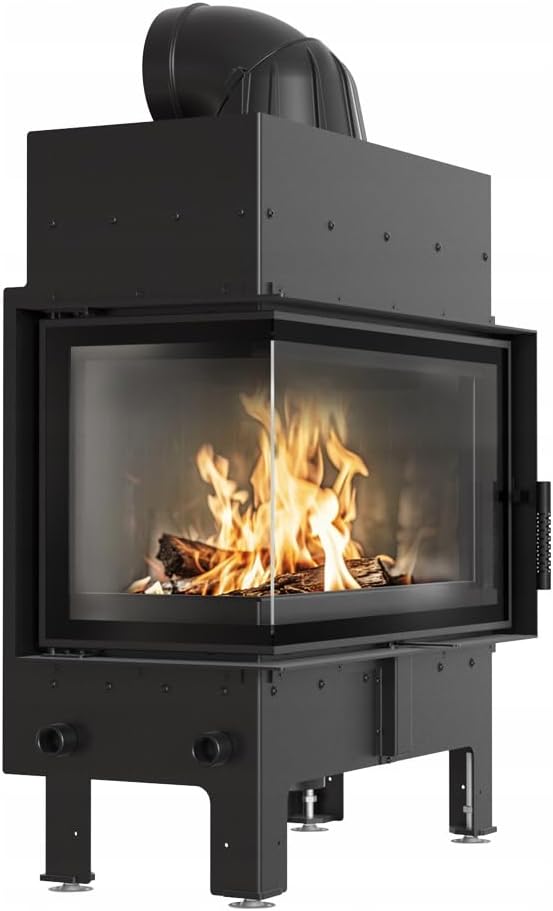 KRATKI Kamineinsatz aus Stahl 10 kW Ø 200 Floki Links -Ecke Kamin mit TERMOTEC, BImSchV Stufe 2 & Ecodesign - Energieklasse A+, Schwarz