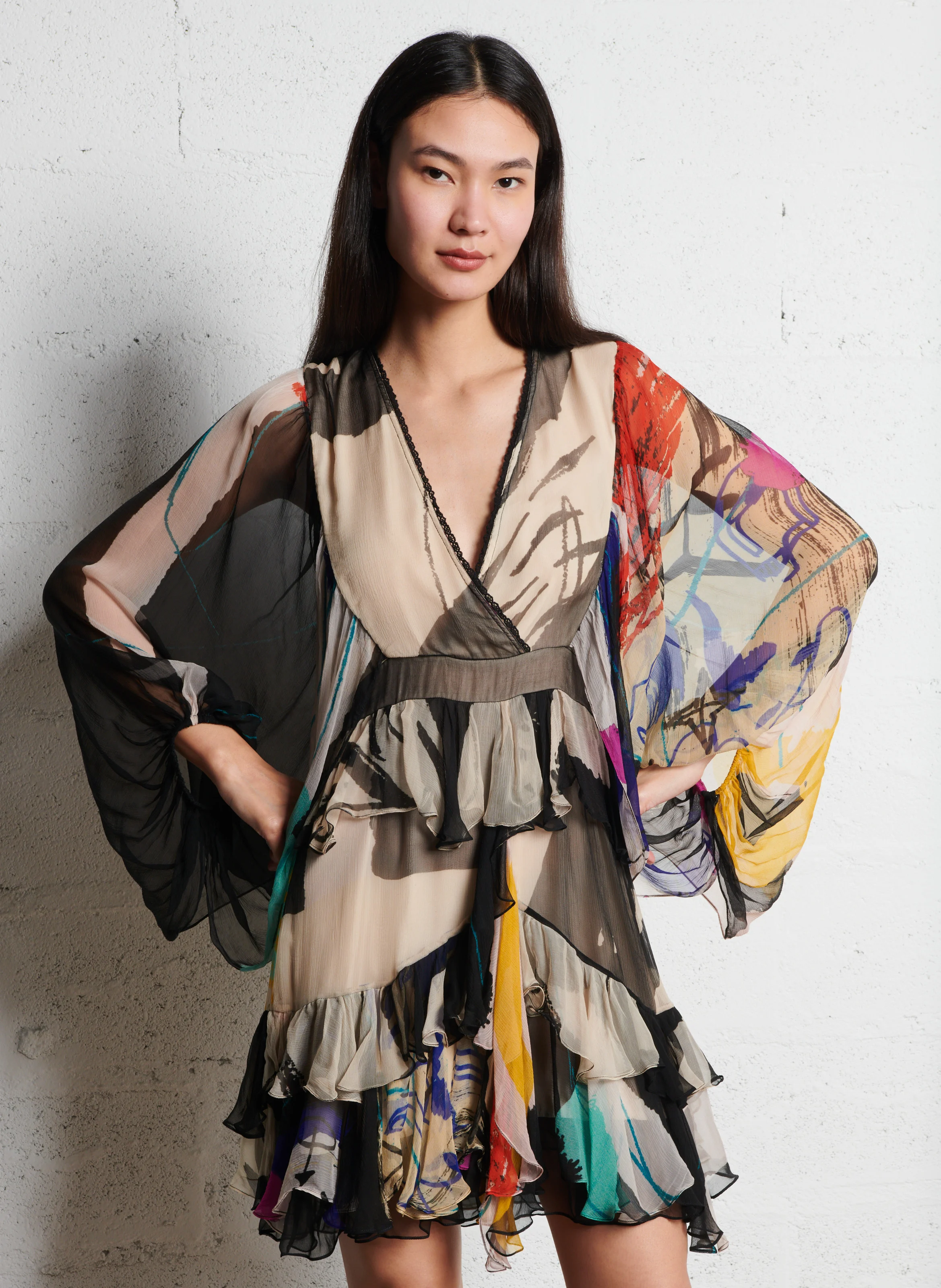 MAUGHIN - Robe courte imprimée à volants| Multicolore
