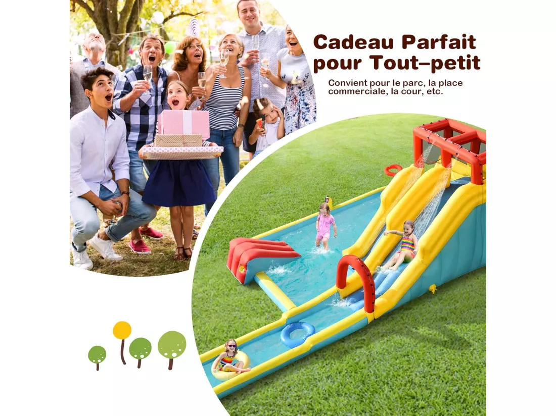 Château Gonflable 8 en 1 avec Double Toboggan Aquatique, Maison de Rebond Gonflable avec Mur d’Escalade, Pistolet à Eau, Anneaux de Natation pour 3 Enfants de 3-10 Ans (sans souffleur)