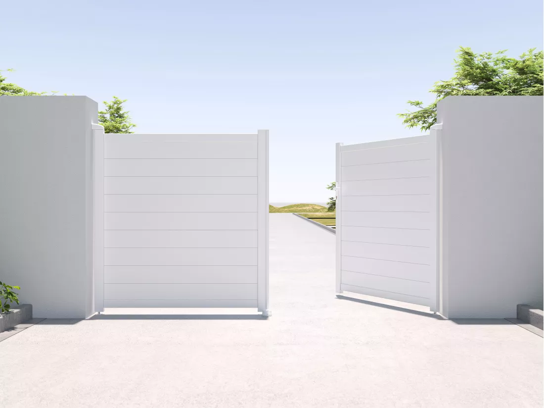 Portail battant aluminium plein L305 x H166 cm blanc - NAZARIO