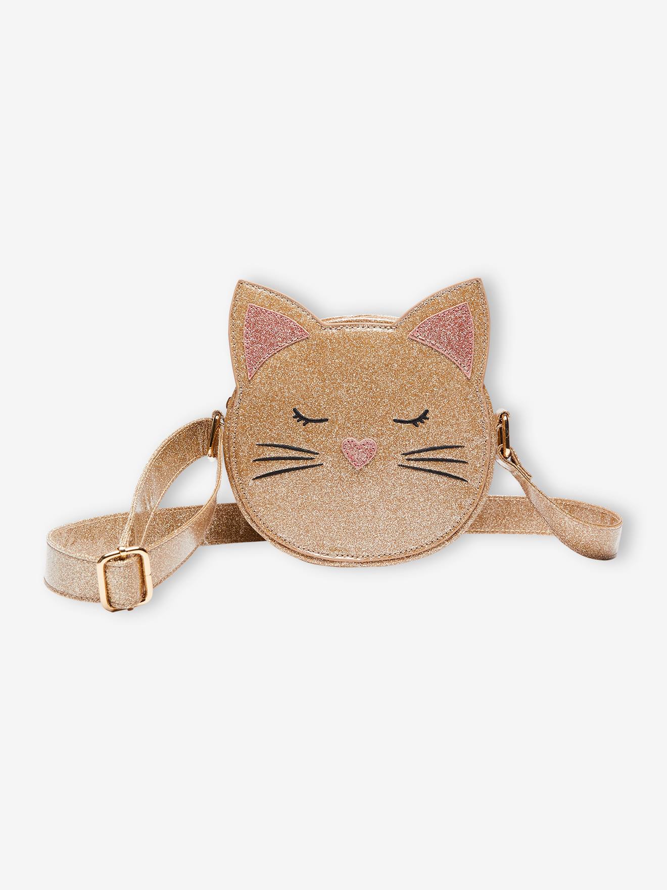 Bolsa redonda dourada com gatinho brilhante para meninas