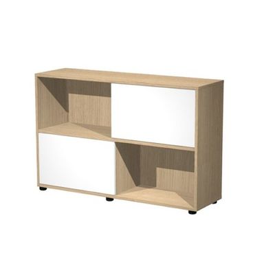 Bibliothèque basse à porte coulissante - L120 x H79 x P35 - Corps chêne - Portes blanches