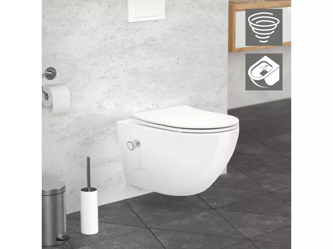 Toilette suspendu sans rebord blanc WC Soft Close fonction bidet salle de bain