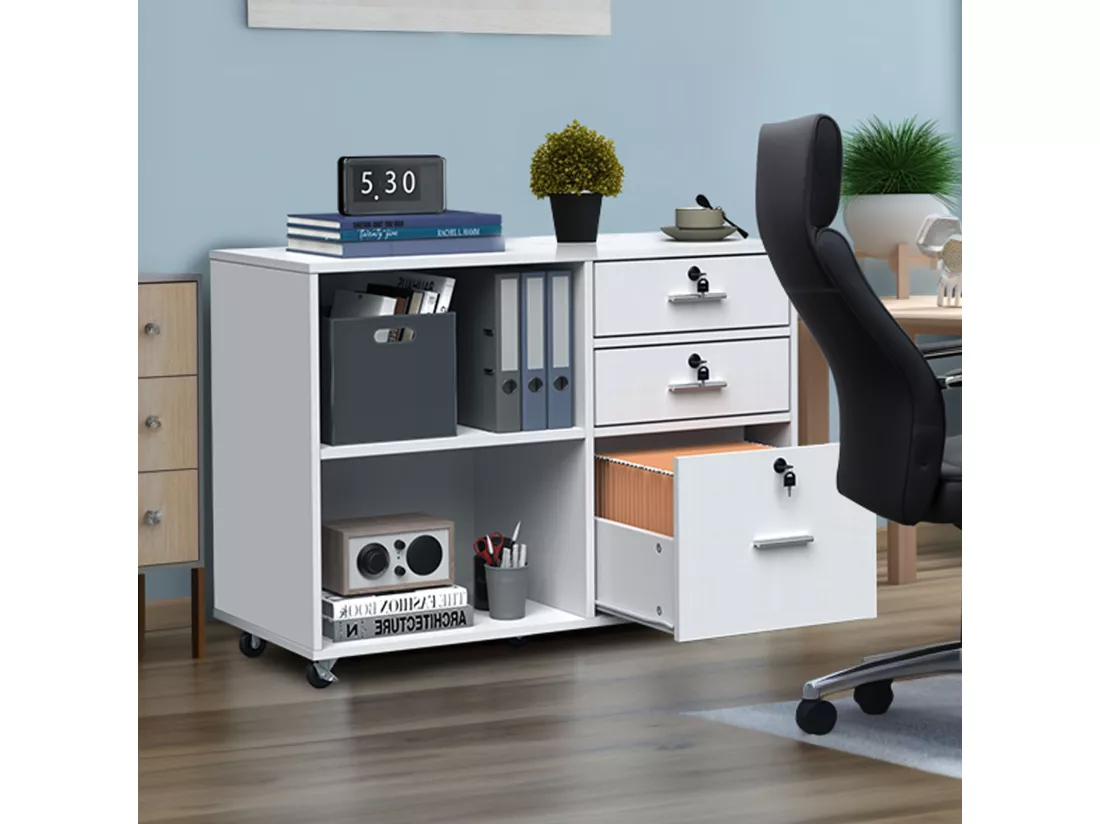 YITAHOME Meuble de Bureau à Roulettes en Bois, Armoire Verrouillable avec 3 Tiroirs et 2 Compartiments Ouverts, Blanc
