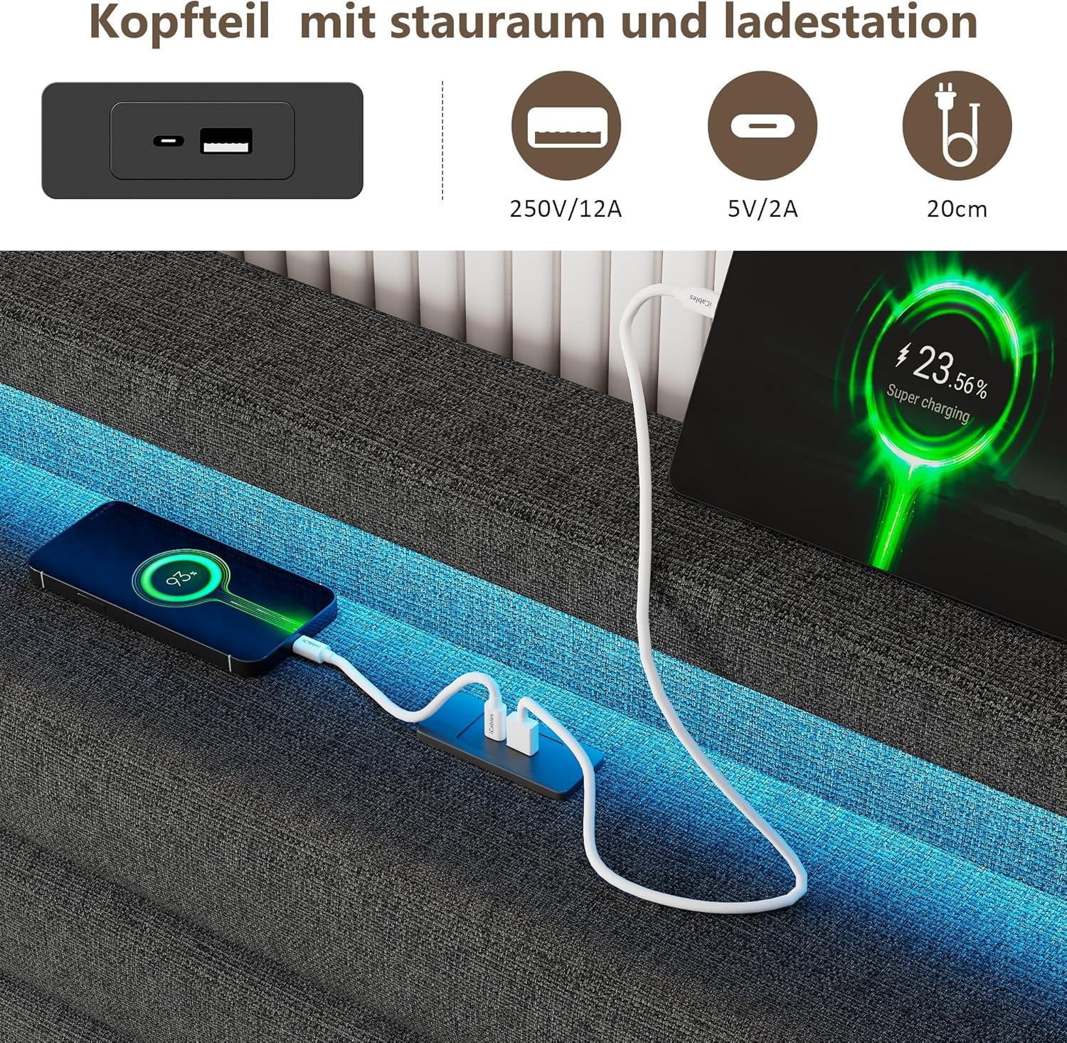 FEONASE Bett 180x200 mit Stauraum, Polsterbett 180x200 cm mit LED-Beleuchtung & Ladestation, Bettgestell mit Hydraulischem und Kopfteil Stauraum, Lattenrost, Ohne Matratze, Dunkelgrau
