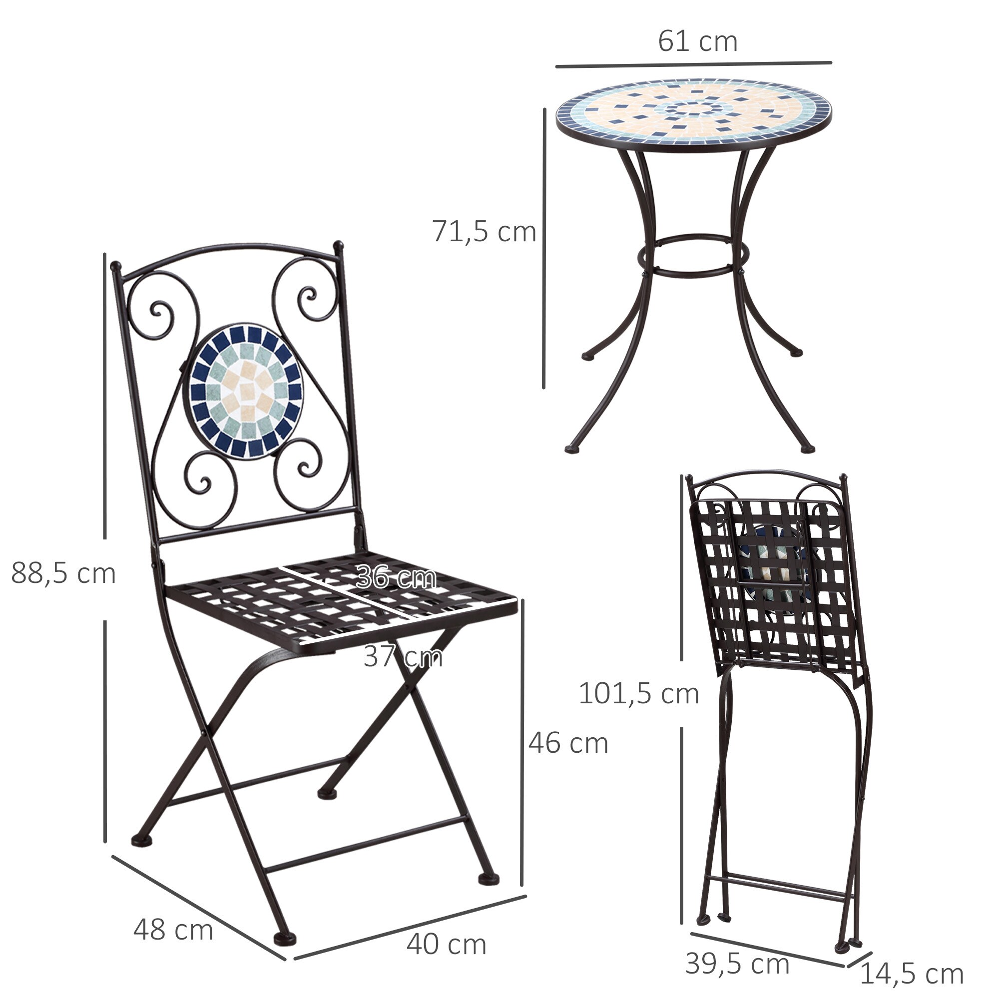 Outsunny Garten-Bistroset mit Metallrahmen bunt 61L x 61B x 71,5H cm