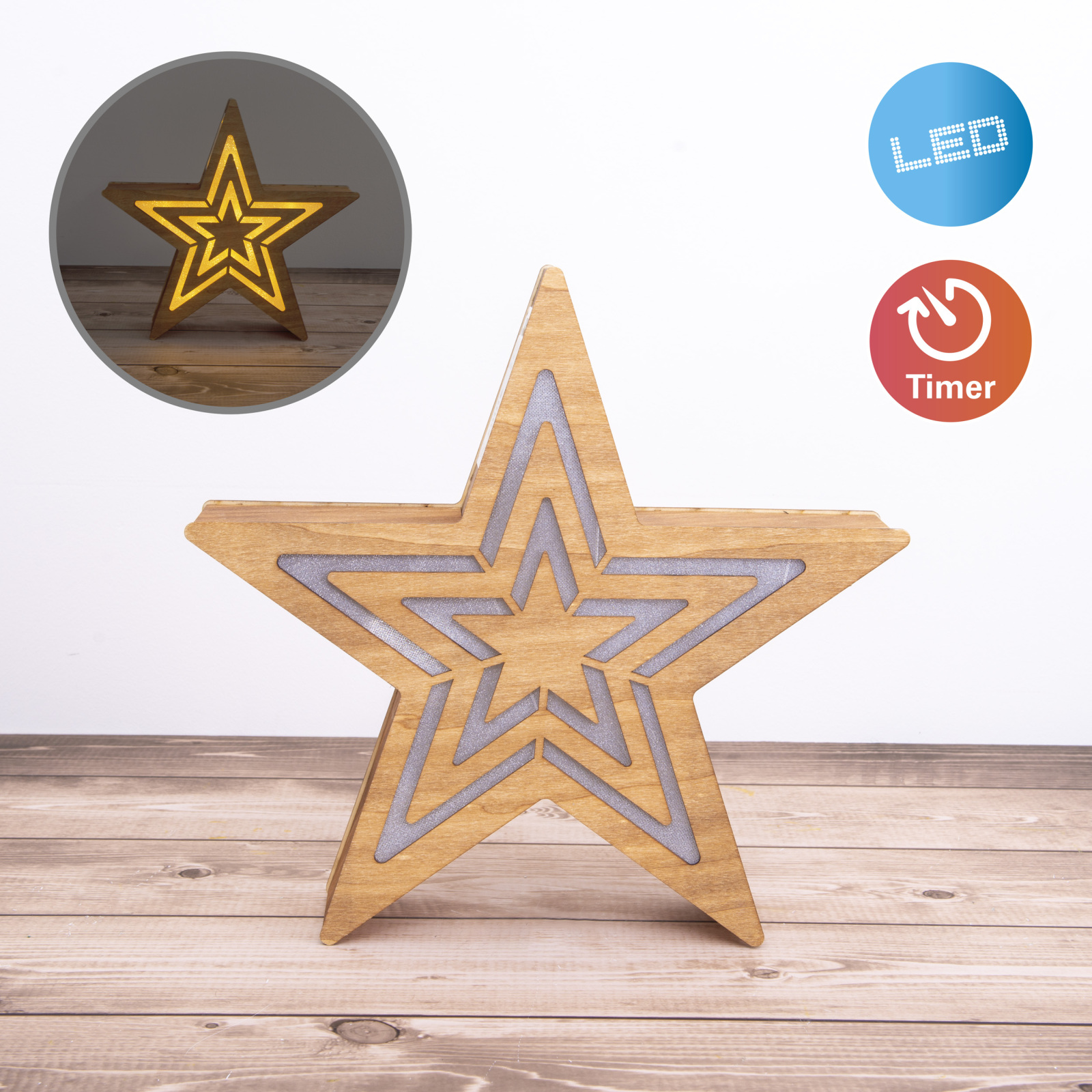 LED-Stern - Holz - mit Timer - 23 cm hoch