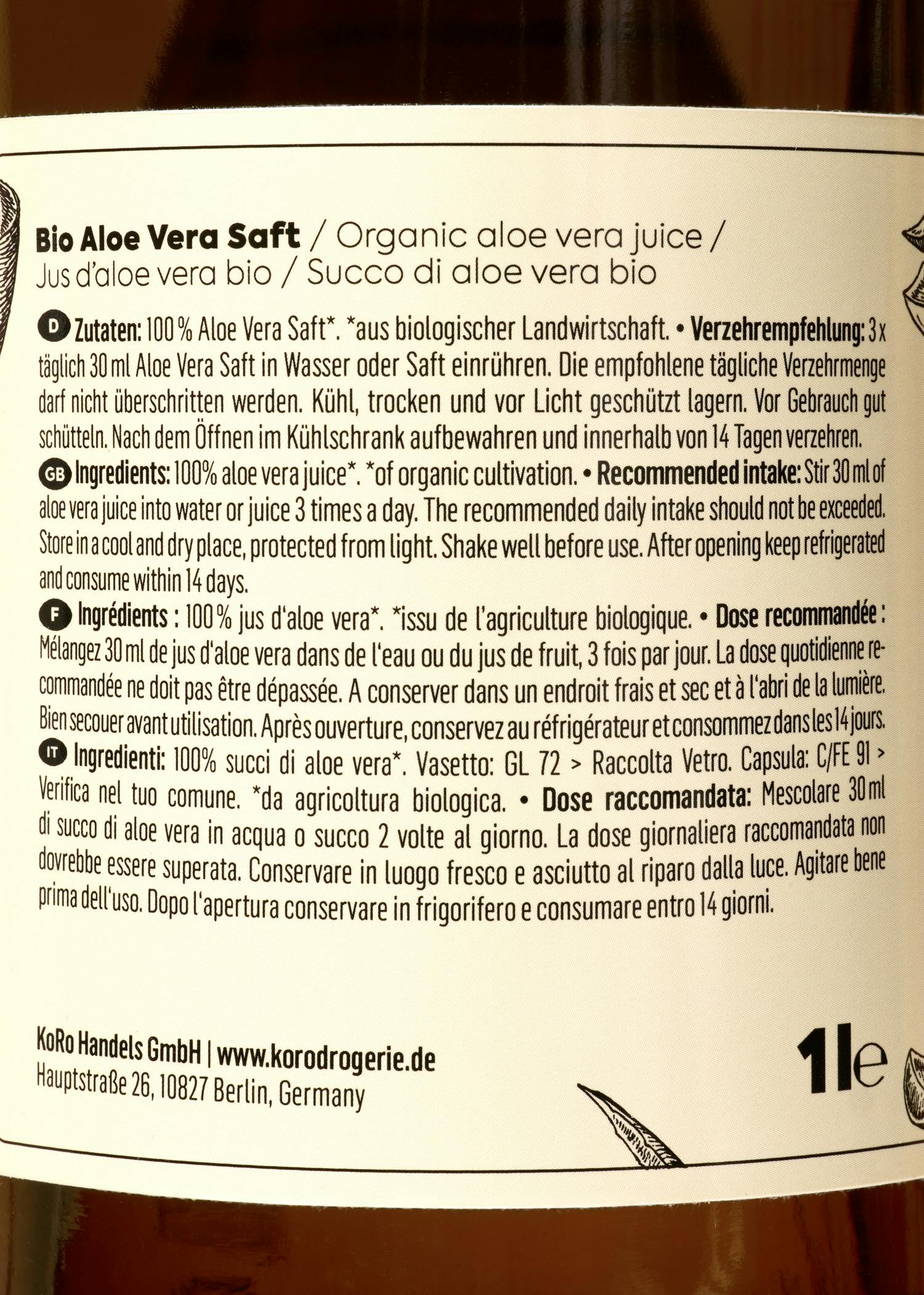 Bio Aloe Vera 100 % Direktsaft 1 L