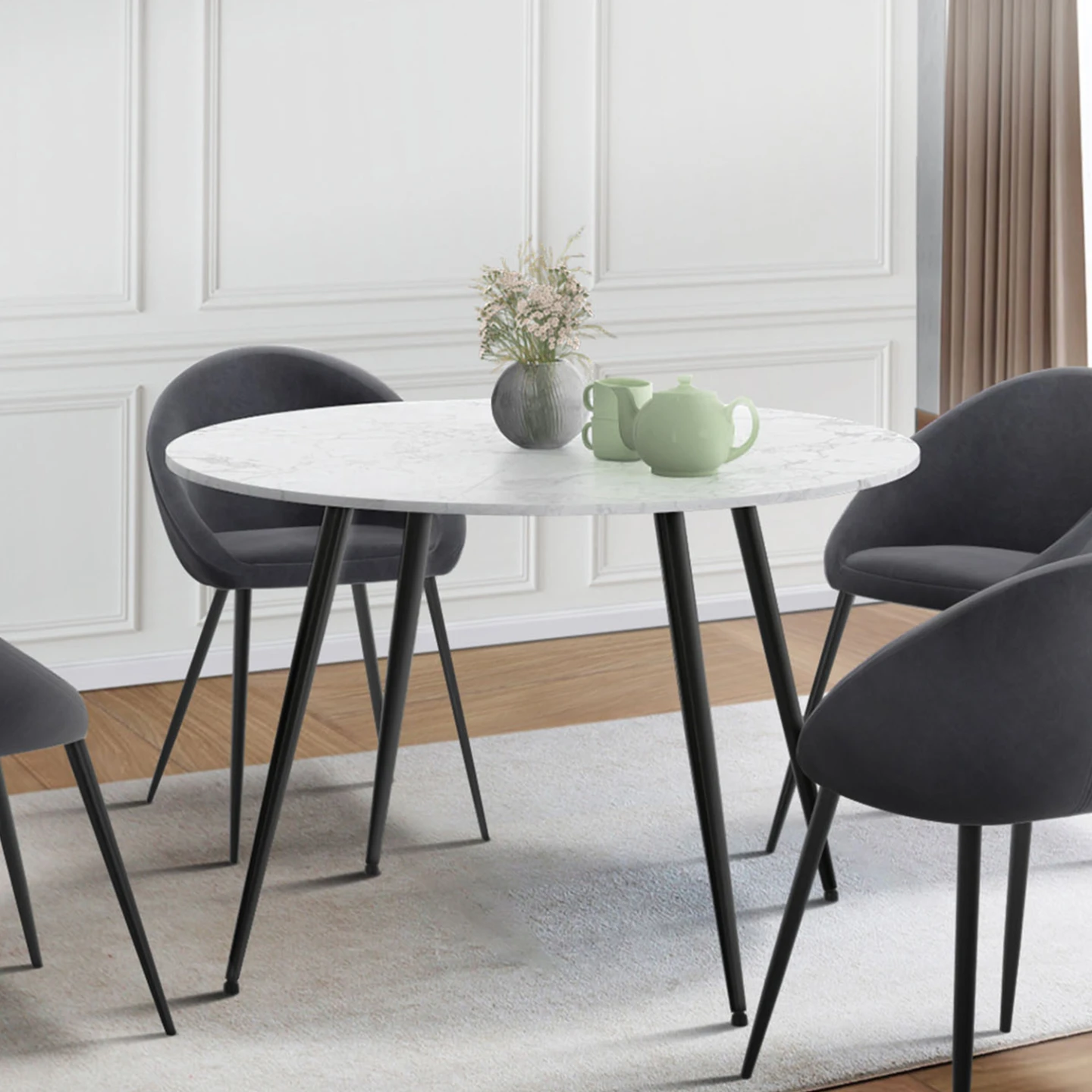 Table à manger ronde AMELIA 4 personnes effet marbre blanc ALASKA pieds métal noir 110 cm