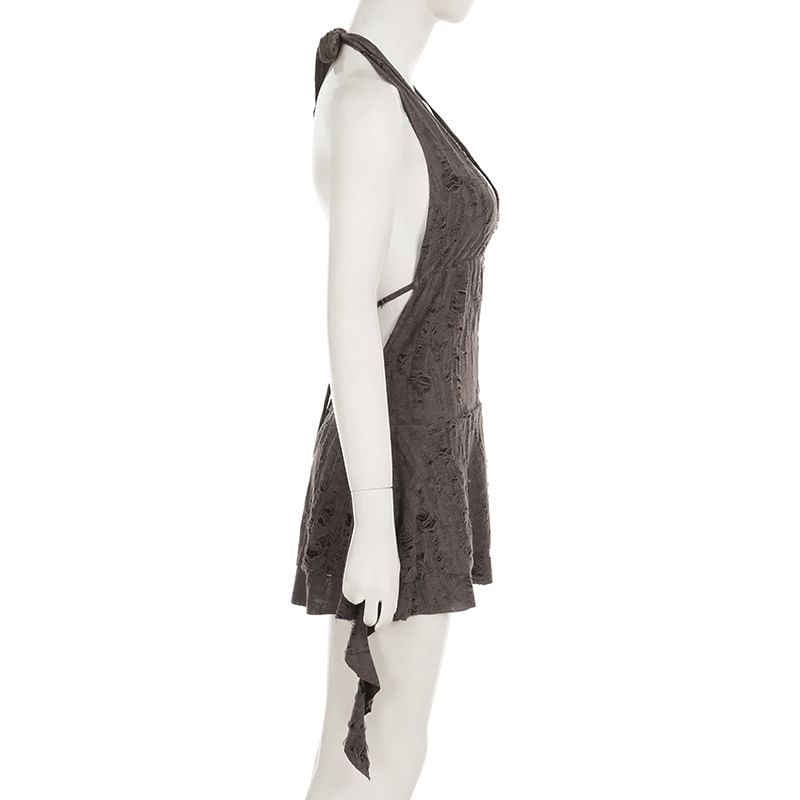 BrickBlack - Halter V-hals effen A-lijn minijurk met distressed effect
