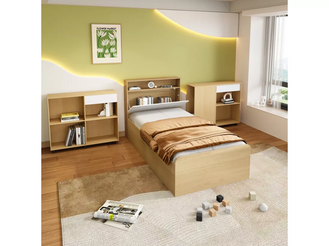 Ensemble lit enfant 90 x 200 cm avec 4 tiroirs et 2 armoires à roulettes - MDF + panneaux de particules - coloris blanc + chêne clair