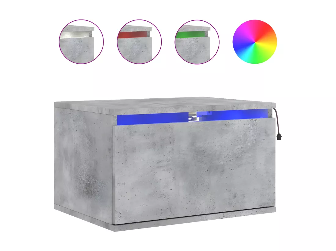 Table de chevet murale avec lumières LED gris béton