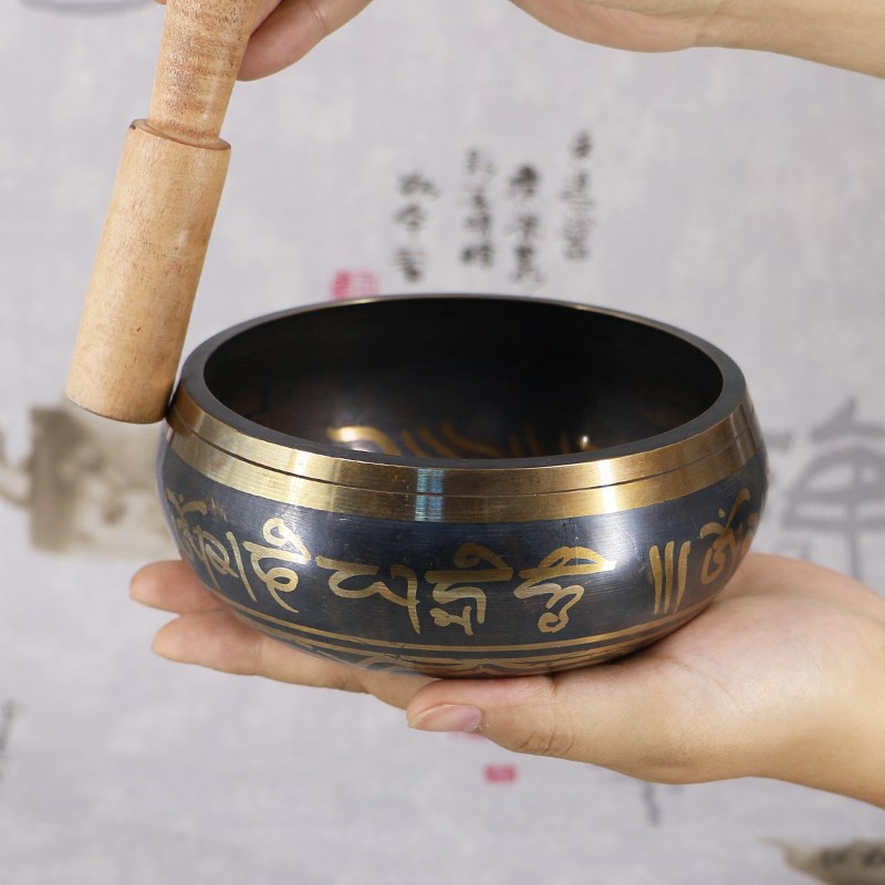(Ø9cm) Tibetische Messing Klangschale Handgehämmerte Meditations Glocke inkl. Holz Klöppel - Bronze