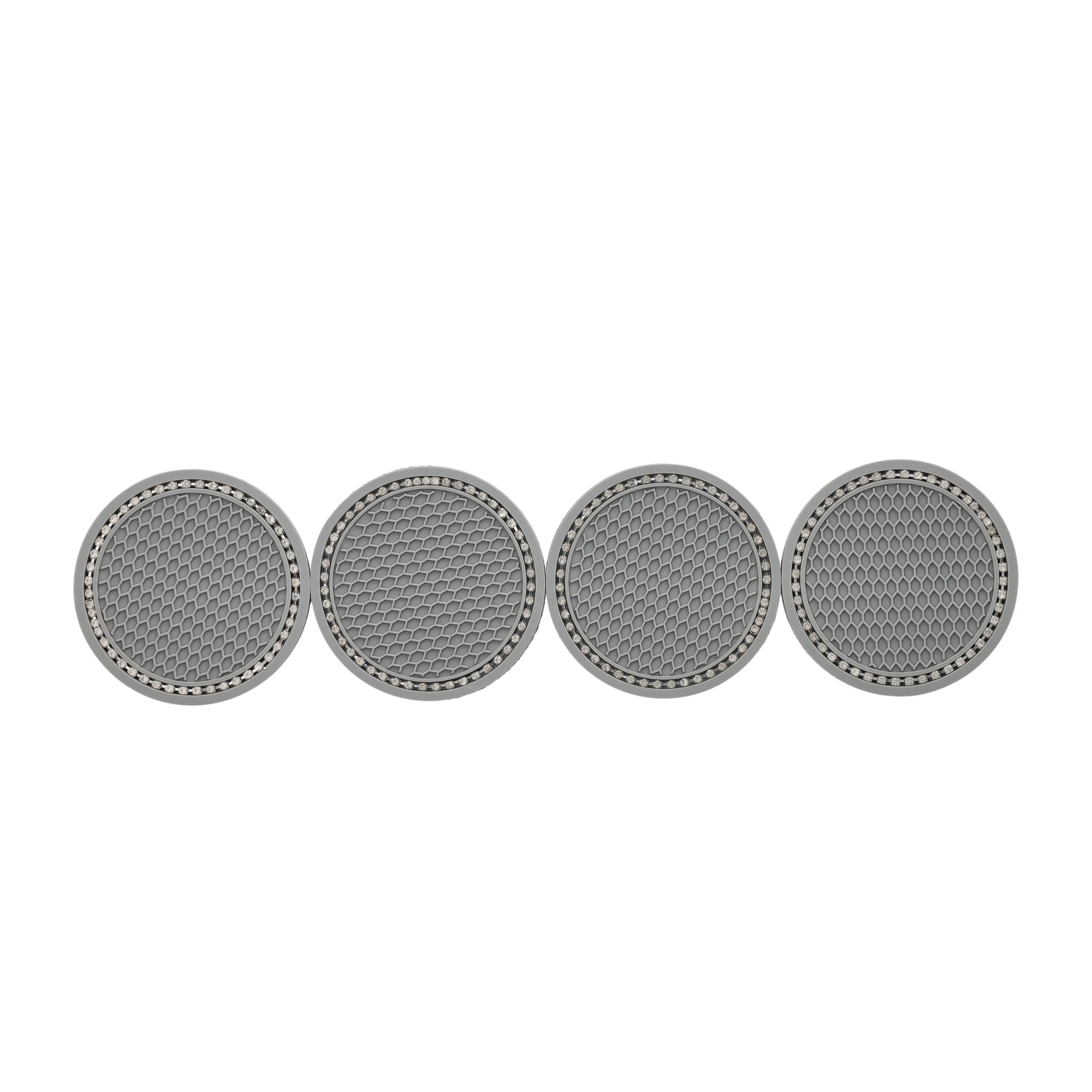 (4er Set) Ø7cm Auto Anti-Rutsch Glitzer Getränke Untersetzer Strassstein Accessoire - Grau / Silber