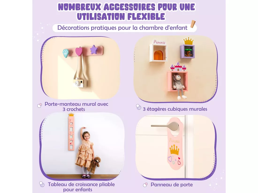 2 en 1 Coiffeuse Enfants sur Thème du Château avec Tabouret, Table de Maquillage Princesse avec Miroir Détachable, Accessoires Riches, Dispositif Anti-basculemen, Table d’Etude de 3 Ans+
