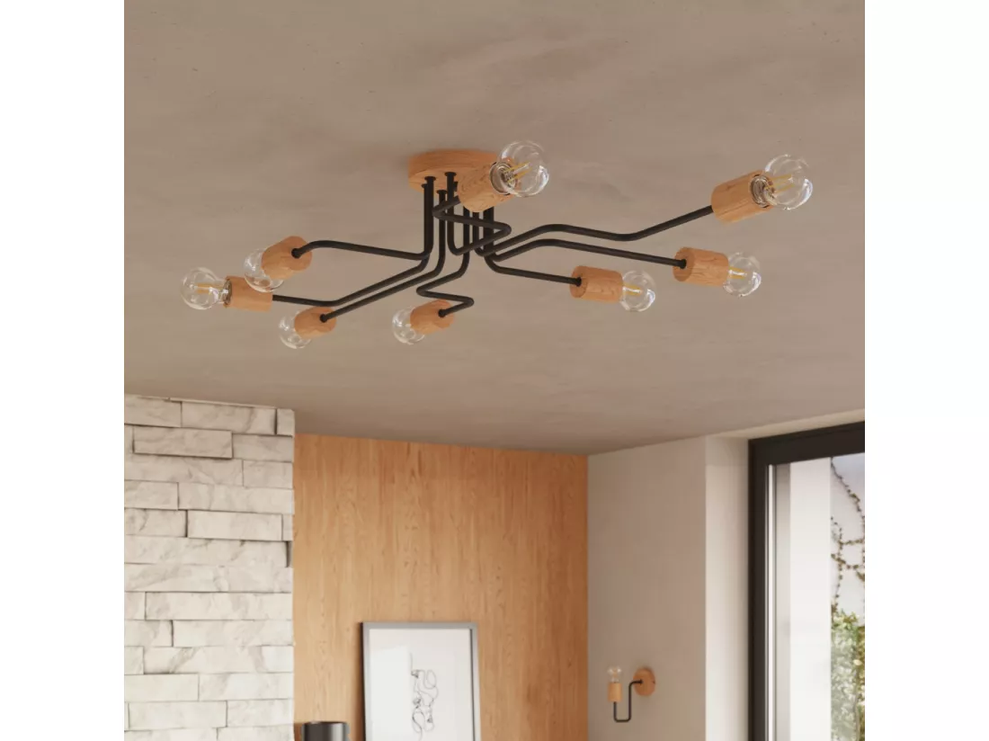 Lustre Timbo grenier en acier/bois - 6 sources lumineuses - L.85 x H.16,5 cm - noir/bois naturel