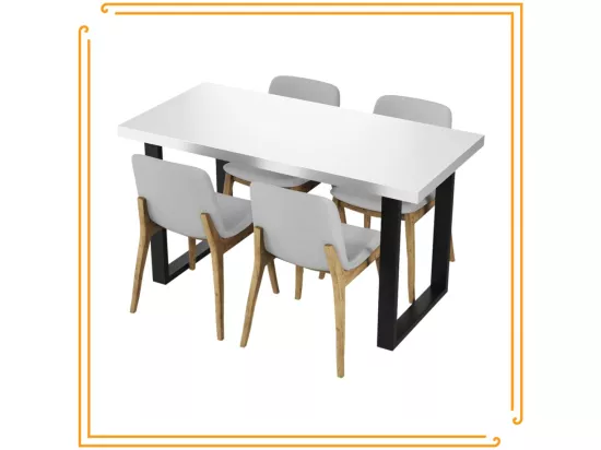 Table de cuisine pour salle à manger Loft, couleur blanc brillant avec pieds noirs.