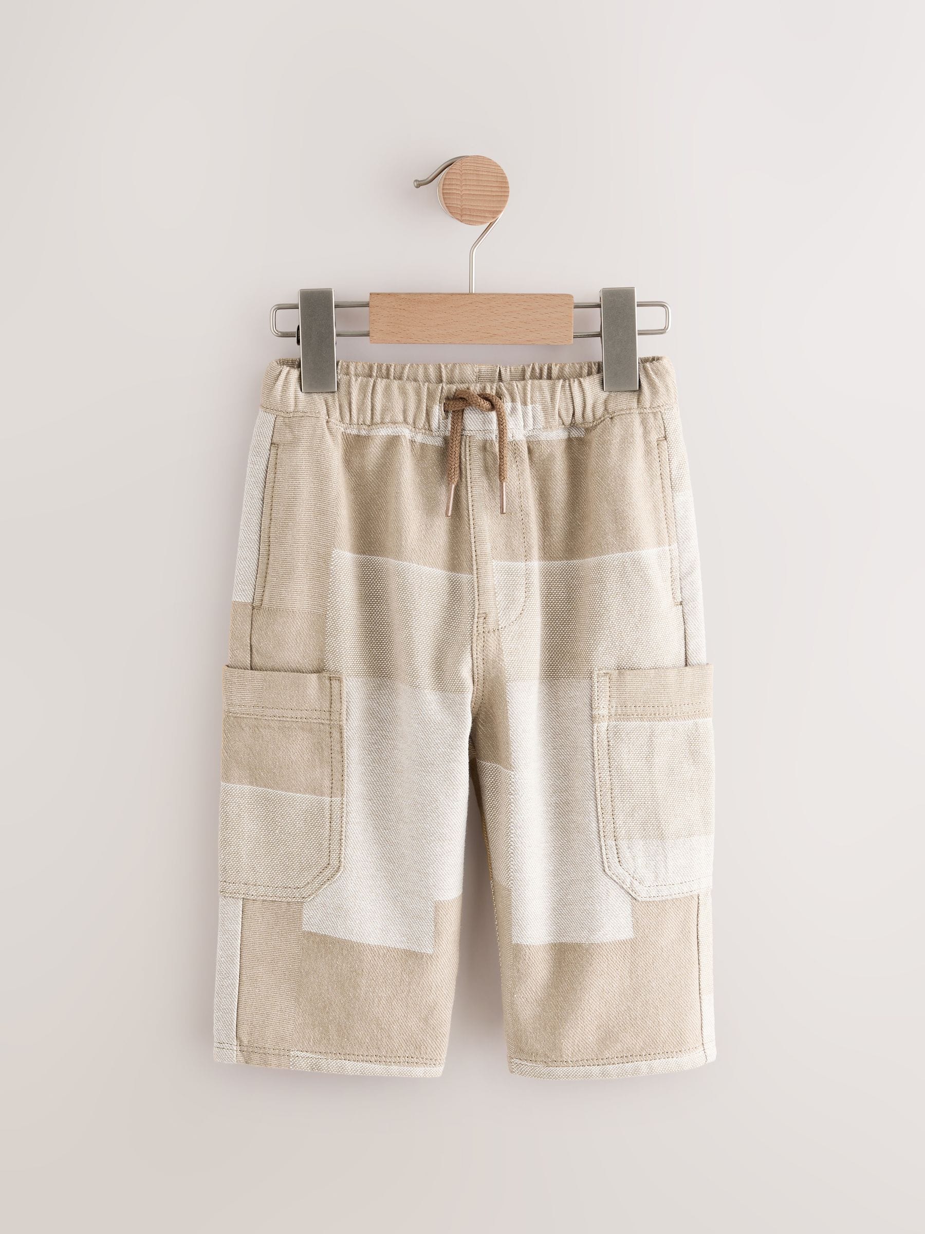 Steenkleurig patchwork - 100% katoenen cargobroek met wijde pijpen en elastische taille (3mnd-7jr)