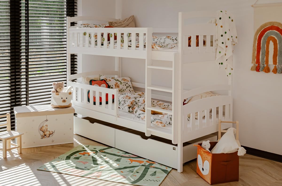 Kids Collective Hochbett 90x200 cm Etagenbett mit Zwei Schubladen, Lattenrost, Rausfallschutz, umbaubar in Zwei Einzelbetten, Funktionsbett Kinderbett weiß 90x200 cm von 4. bis 18. Lebensjahr