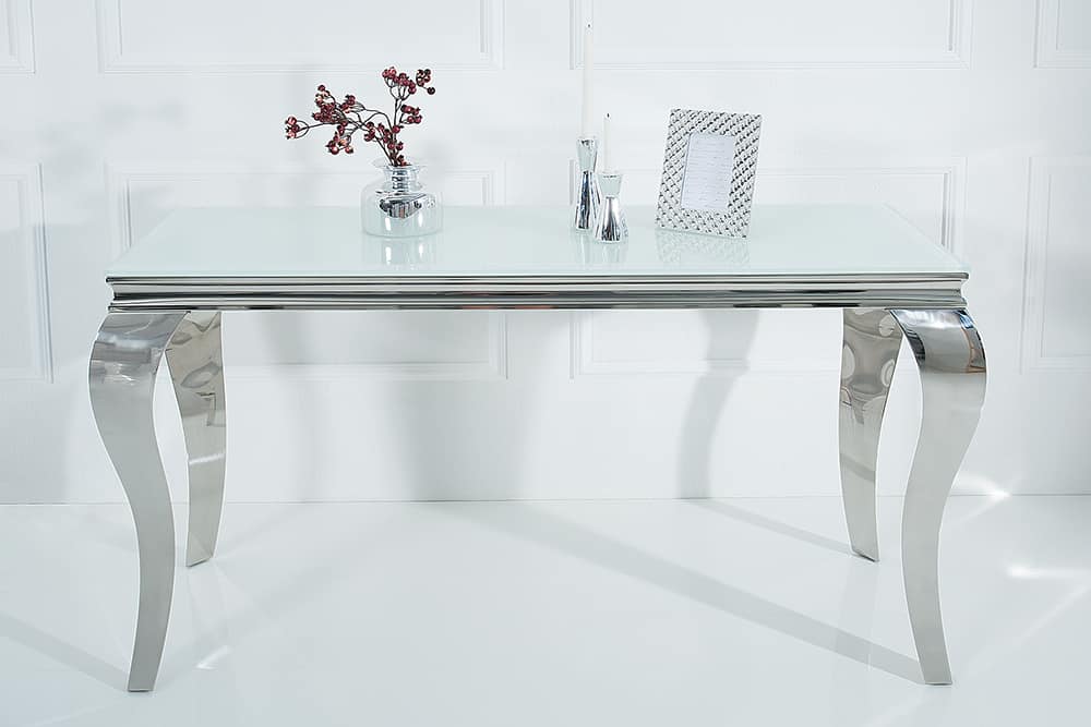 Eleganter Konsolentisch MODERN BAROCK 145cm weiß Opalglas Edelstahlbeine