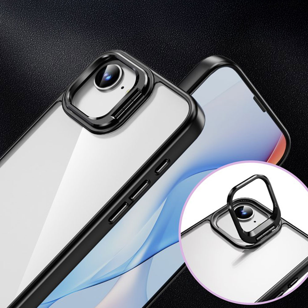 iPhone 16e Hybrid Hardcase Hülle TPU Bumper   Kunststoff Rückseite mit Kamera Kickstand - Schwarz / Transparent