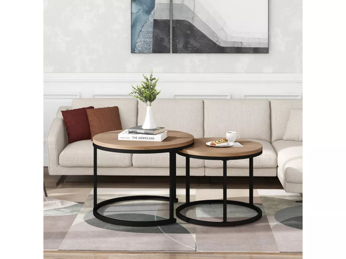 Lot de 2 tables basses gigognes, table d'appoint - bois MDF et pièds en métal - coloris chêne