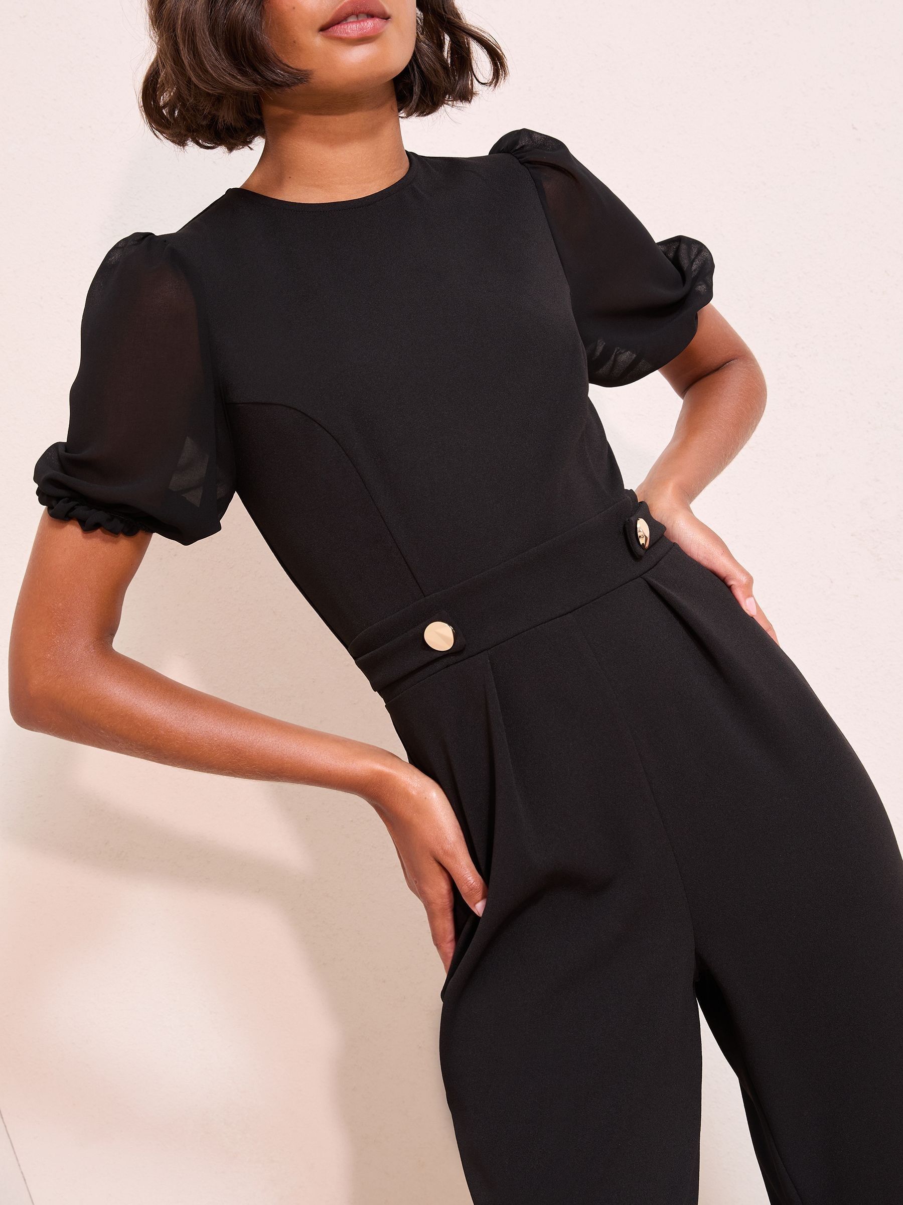 Zwart - Friends Like These Chiffon Sleeve Scuba Button Waist Jumpsuit
