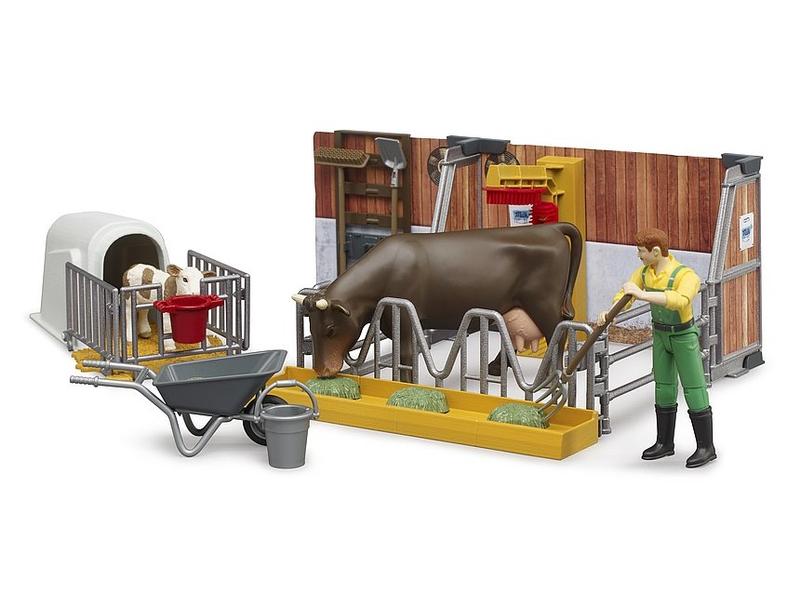 Bruder Spielwaren Kuh- und Kälberstall mit Landwirt Bauernhof-Spielset mit beweglichen Figuren, Tieren und Zubehör