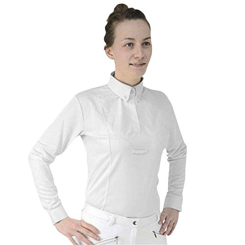 Camisa de competição equestre feminina Dedham de manga comprida, branca.