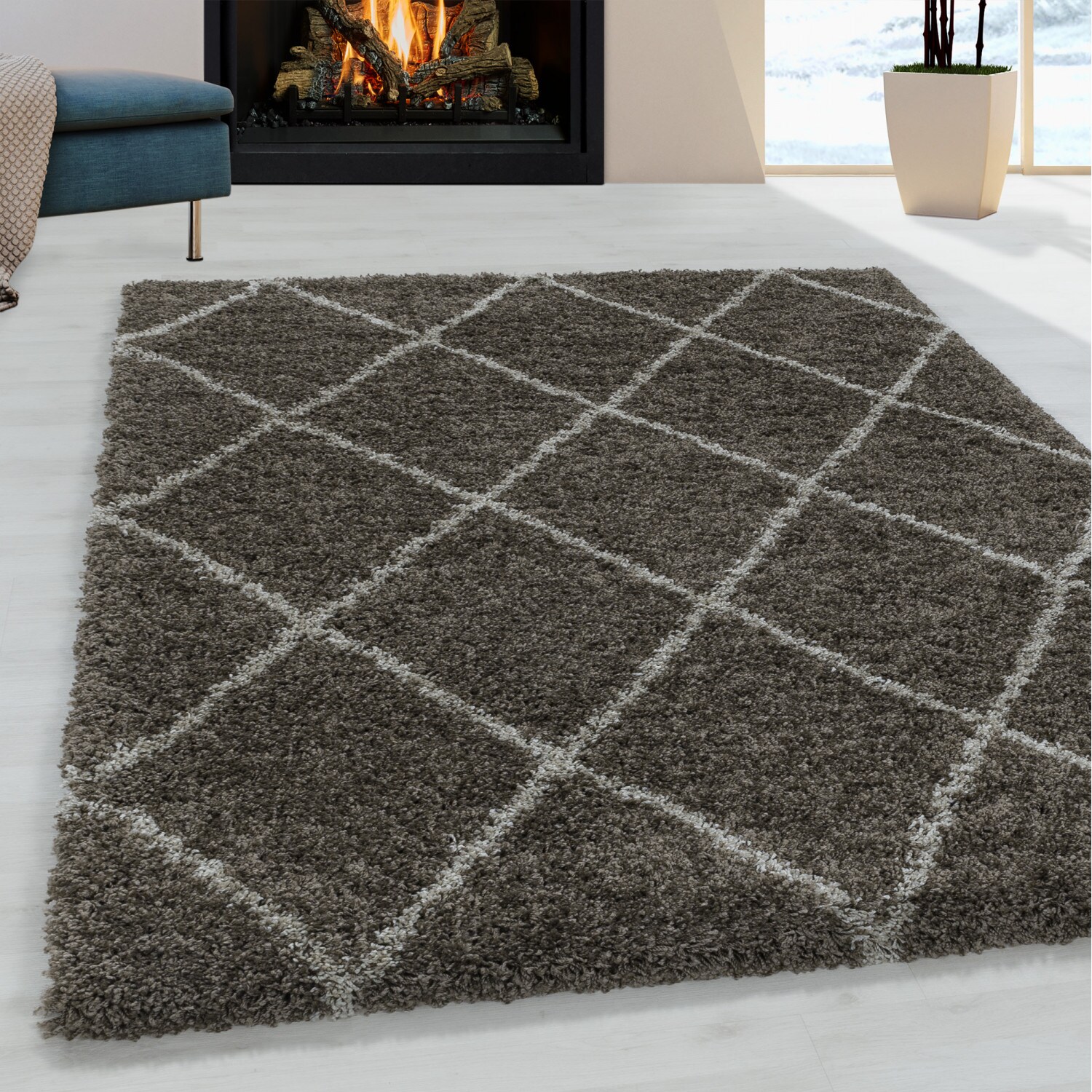 Moderner Hochflor Teppich, Skandinavischer Stil mit Rautenmuster, Shaggy Teppich
