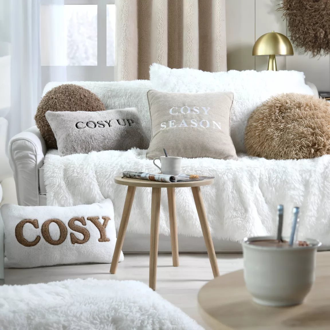 Coussin rond bouclette (40 cm) Cosylife Taupe