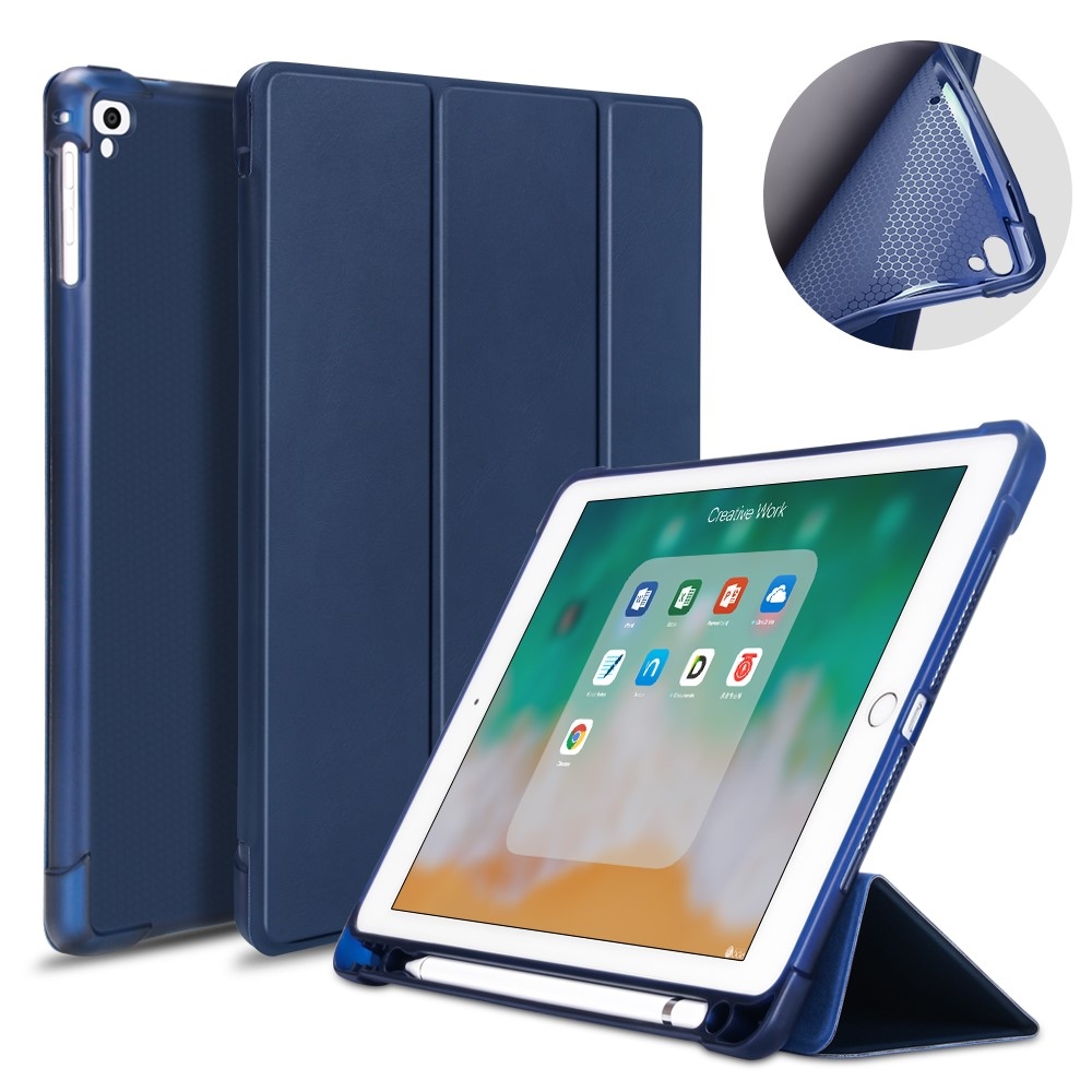 iPad 9.7 (2018/2017) / iPad Air / iPad Air 2 Slim Smart Cover Hülle Gummi Case   Apple Pencil Halterung - Dunkelblau / Transparent
