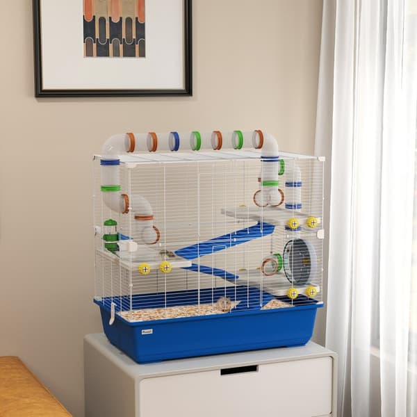 Hamsterbur for dverghamstere 4-lags gnagerbur Smådyrbur med hjulfôringsskål og tilbehør Stort musebur 78 x 45 x 73 cm Blå