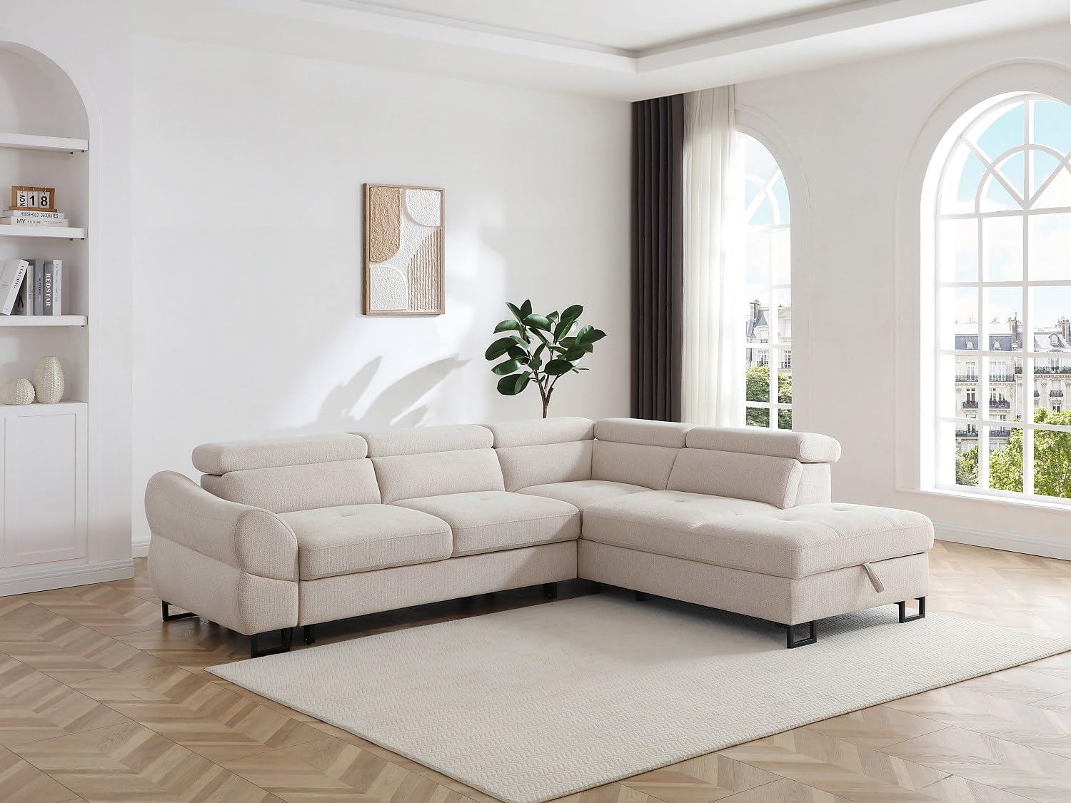 Vente-unique-Ecksofa mit Schlaffunktion – Ecke rechts – Strukturstoff Beige – VAVERDO
