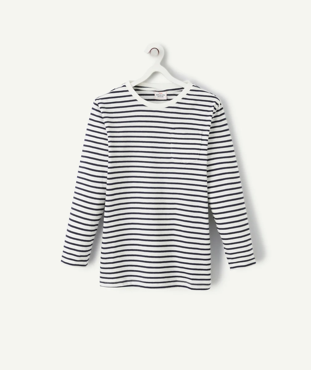 T-SHIRT GARÇON EN COTON ET À RAYURES BLEU MARINE AVEC POCHE