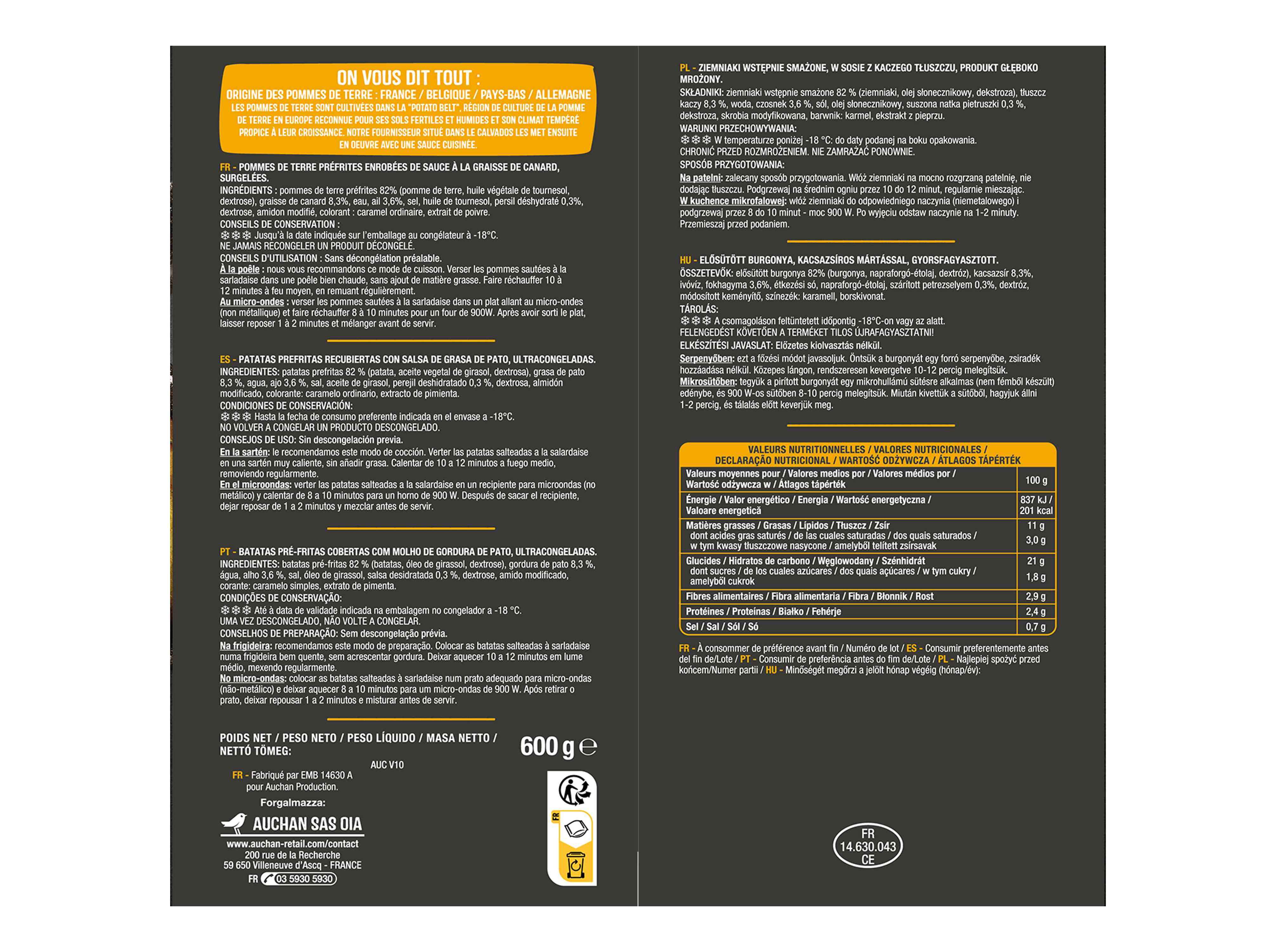BATATAS AUCHAN SALTEADAS ÀS RODELAS À LA SARLADAISE 600G