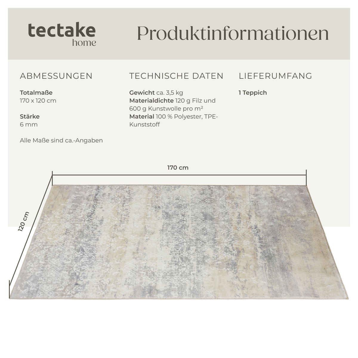 Vintage design vloerkleed tectake Dalia, diverse maten, antislip achterkant