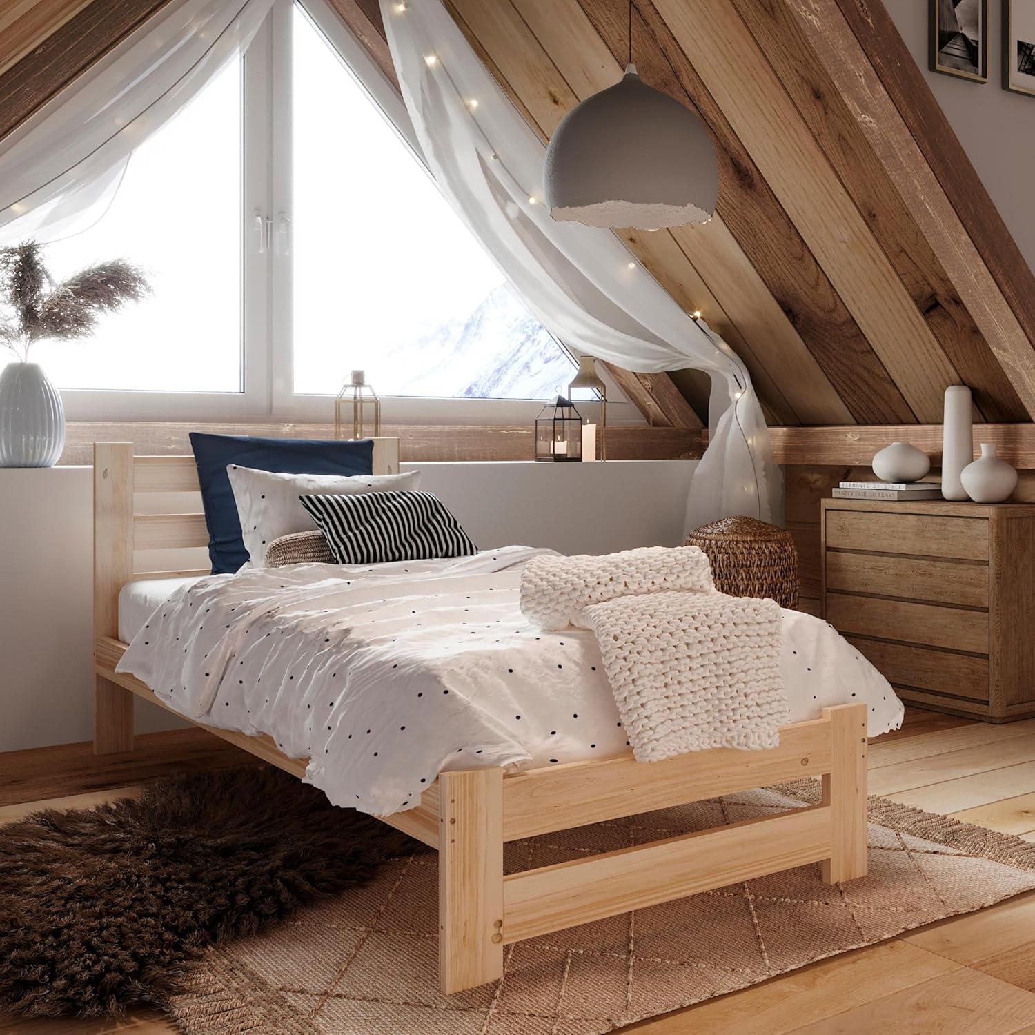 Home Collective Holzbett 90x200 cm mit Lattenrost Modern Bett Kiefer Massiv Bettgestell Einzelbett Massivholzbett Klassisch Komfortabel & Langlebig Skandinavisch Boho Landhaus Kopfteil hoch Natur