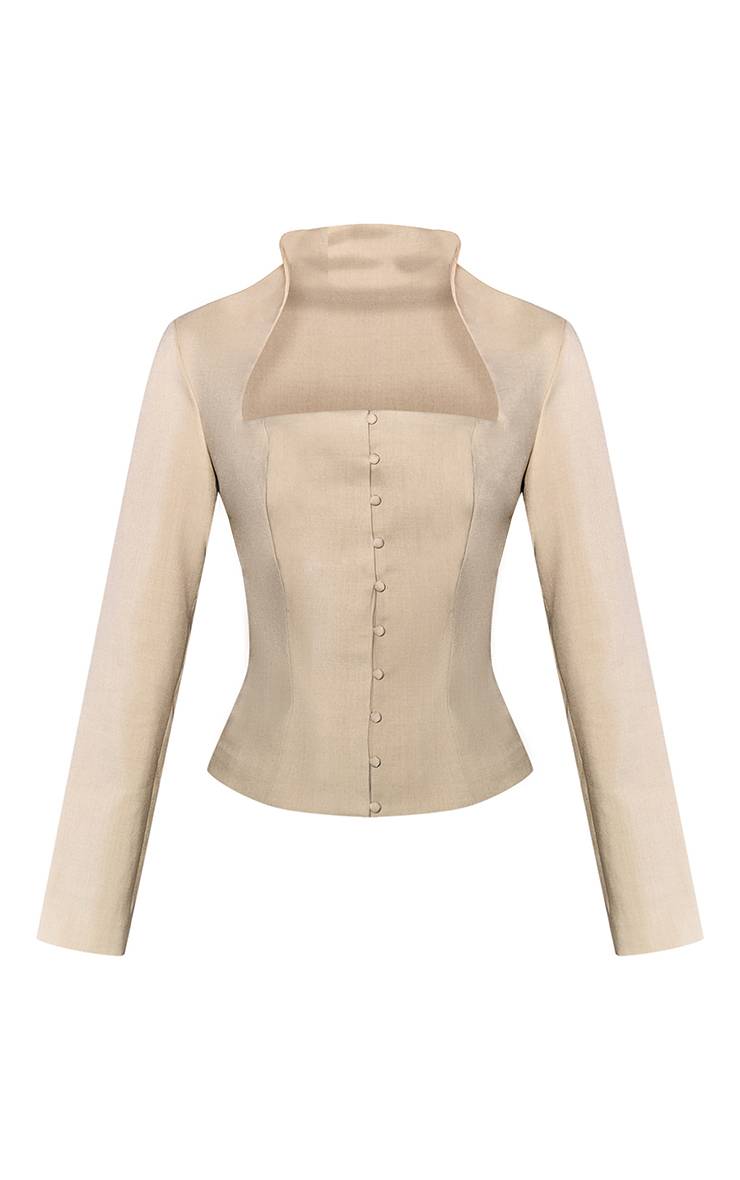 Taupe Ensemble Blazer Coordonné Col Carré Tissé Léger