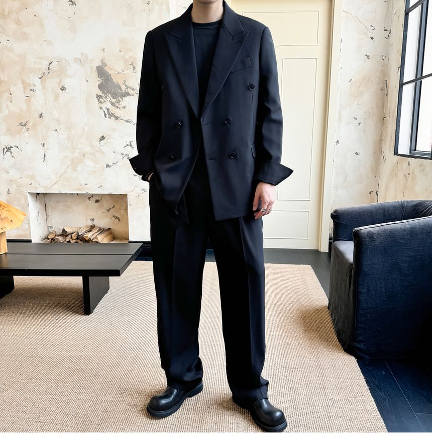 Orungeetun - Reverskraag Effen Dubbelrijs Blazer / Mid Rise Effen Wijde Broek