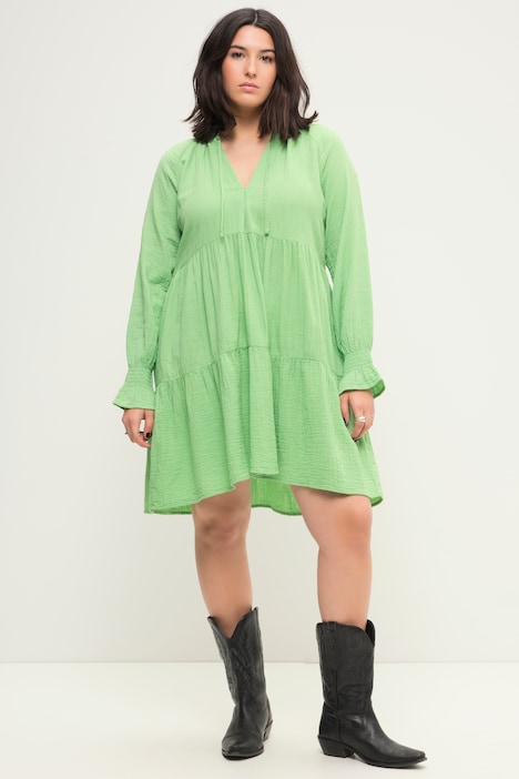 Musselin-Minikleid, A-Line, Rüschen-Ausschnitt, Langarm